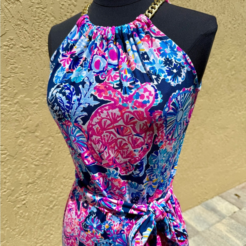 $198 LILLY PULITZER Bingham Gold Chain Halter Dress Pink Blue Patterned Sz XXS